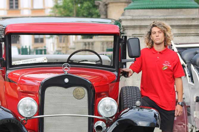 Kutná Hora Medieval Town in Vintage Cabrio car - Jesuit College Park for a pause outdoors