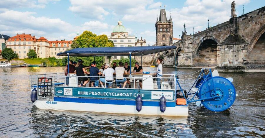 Prague: Swimming Beer Bike on A Cycle Boat - Passing Charles Bridge from the water